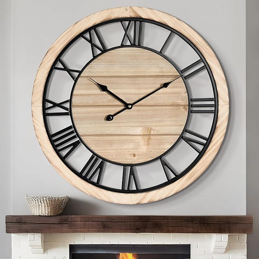 LEIKE 30 Inch Extra Large Wall Clock - Rustic Wooden Nearly Silent Wall Clock with Black Metal Frame, Vintage Farmhouse Decorative for Living Room, Bedroom, Kitchen - Roman Numerals, Modern Design