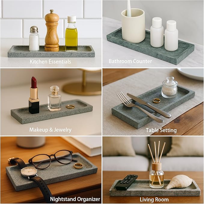 Green Marble Tray for Bathroom Countertop - Rectangular Natural Stone Organizer with Sandblasted Finish, Catchall Vanity Tray for Dresser, Entryway, Makeup & Jewelry | 10.6"x3.5"