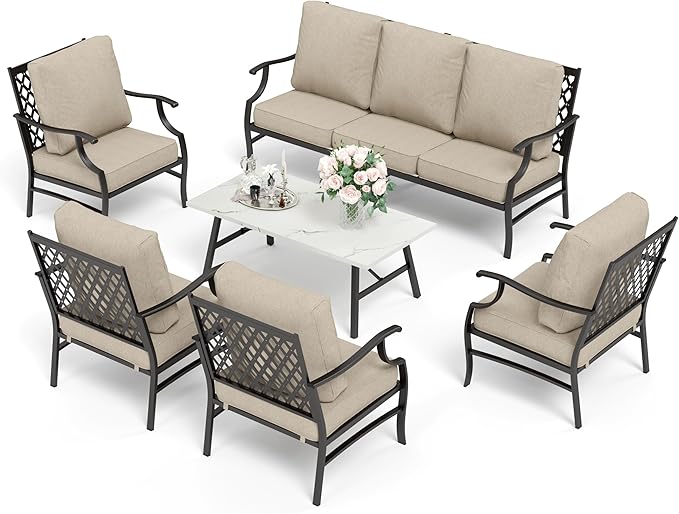 HERA'S HOUSE 6 Piece Patio Furniture Set, 4 x Fixed Metal Cushioned Chair, 1 x 3-Seat Sofa with Marbling Coffee Table, Outdoor Conversation Set for Lawn Garden Backyard Poolside