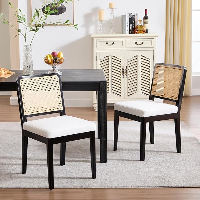 LukeAlon Farmhouse Rattan Dining Chairs Set of 2, Mid Century Modern Linen Kitchen & Dining Chairs with Solid Wood Legs, Woven Cane Upholstered Kitchen Chairs Side Chairs for Dining Room, Beige