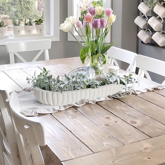 Oakrain Wooden Decorative Bowl, Dough Bowl for Home Decor, 16" Table Centerpiece Bowl with Hand Carved Vertical Stripes for Farmhouse Boho Rustic Style, White