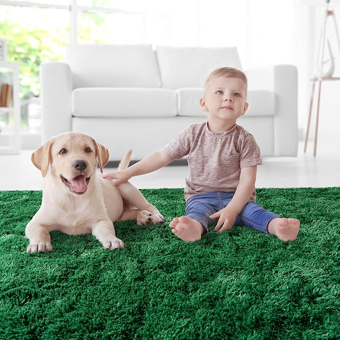 5x7 Area Rugs for Living Room, Green Fluffy Shaggy Rug Soft Carpets, Rugs for Bedroom Nursery Kids Room Dorm Home Decor Aesthetic, Dark Green