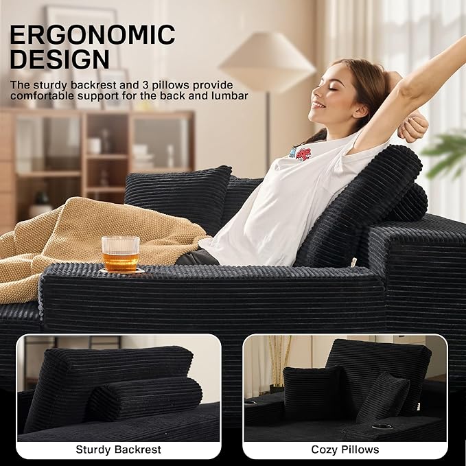 Chaise Lounge Chair Indoor, 67" Oversized Comfy Corduroy Sleeper Sofa Bed with Cup Holders and Wide Armrests, Boneless Upholstered Recliner Bed, Modern Cloud Couch for Living Room, Black