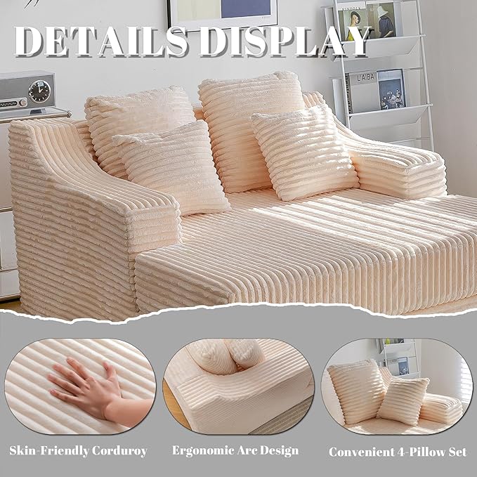 Chaise Lounge Sofa Chair Indoor Cozy Sofa Bed Oversized with Four Pillow Fluffy Upholstered Sleeper Sofa Chair for Living Room Bedroom Office Liesure No Assembly Required（Beige）