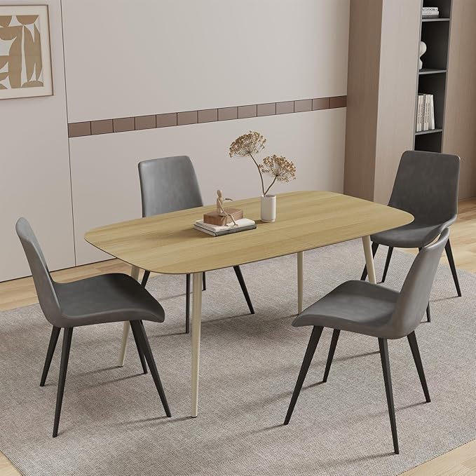 55.1'' Dining Table Set for 4,Modern Wood Dining Table,Leather Dining Chairs 4,Table and Chairs Set of 4,Ideal for Kitchen Dining Room (Cat Scratch Table + 4 Gray Chairs, 55.1")