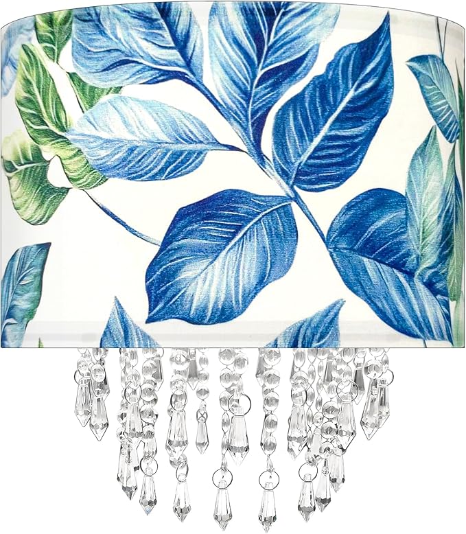 Star Vision Botanical Fabric Lampshade - Tropical Leaf Design with Crystal Bead Droplets, Blue Green Drum Shade for Pendant Table Wall & Floor Lamps, Nature-Inspired Home Decor
