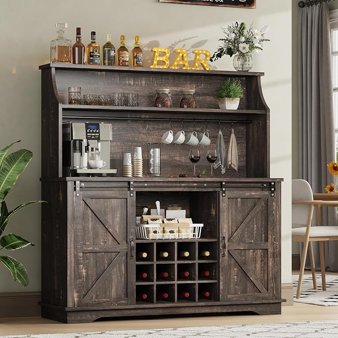 55 Inch Farmhouse Coffee Bar Cabinet with 3-Tier Storage, Kitchen Hutch with12 Wine Racks & 3 Glass Holders, Coffee Bar with 6 Hooks, Wine Bar Cabinet for Dining Living Room, Oak