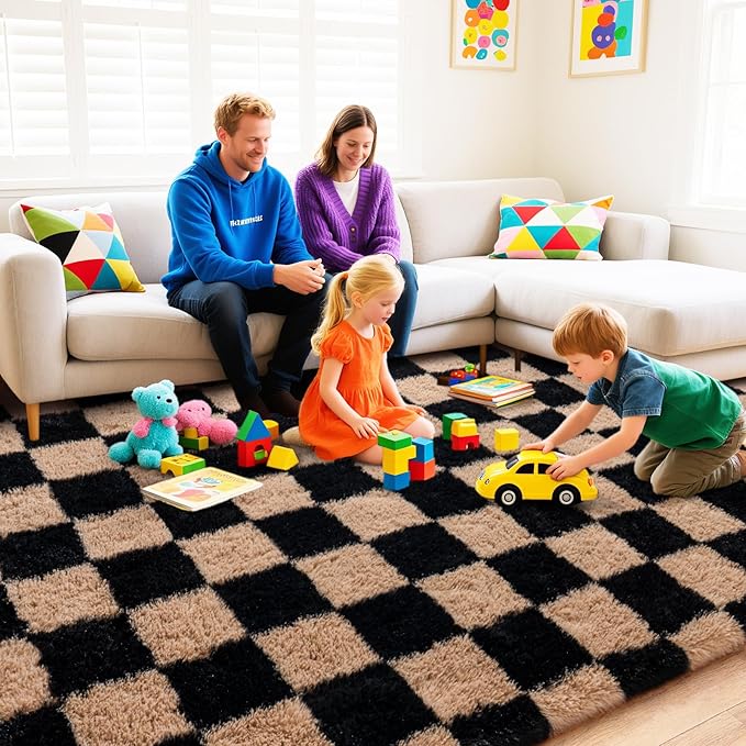 Checkered Rugs for Bedroom, Ultra Fluffy Fuzzy Shag Area Rug for Living Room 5x7, Modern Plush Soft Upgrade Non-Slip Carpet for Kids Girls and Boys Room Dorm Nursery Home Decor, Black and Beige