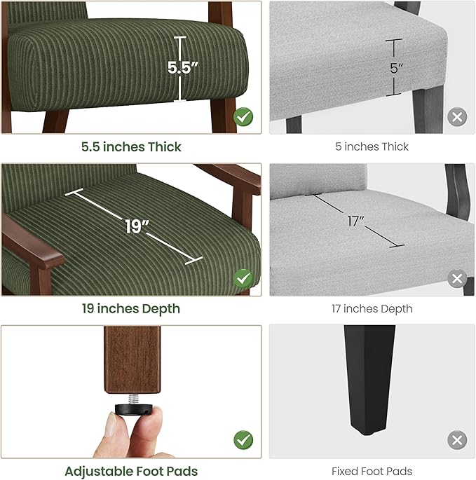 Yaheetech Corduroy Accent Chair, Mid-Century Modern Armchair with Solid Wood Legs, Reading Leisure Chair with High Back for Living Room Bedroom Waiting Room, Set of 2, Dark Green