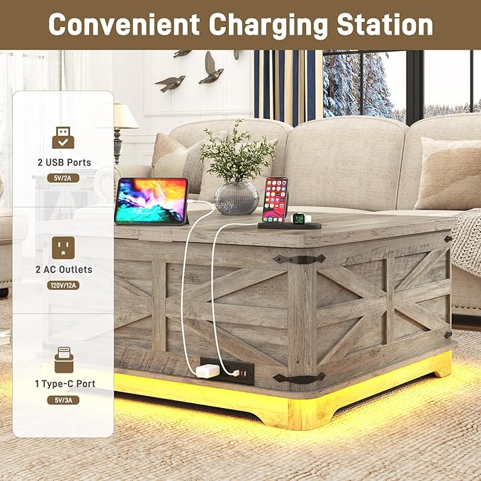 36" Farmhouse LED Lift Top Coffee Table with Storage and Power Outlets, Square Wood Living Room Tables with LED Lights & Large Hidden Space, Lift Wooden Barn Door Center Table, Grey