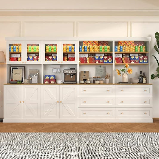 71" Tall Farmhouse Kitchen Pantry, Large Storage Cabinet with Glass Doors and Drawers, Freestanding Coffee Bar Hutch with Microwave Stand, Adjustable Shelves for Kitchen, Living Room, White 4 Pcs