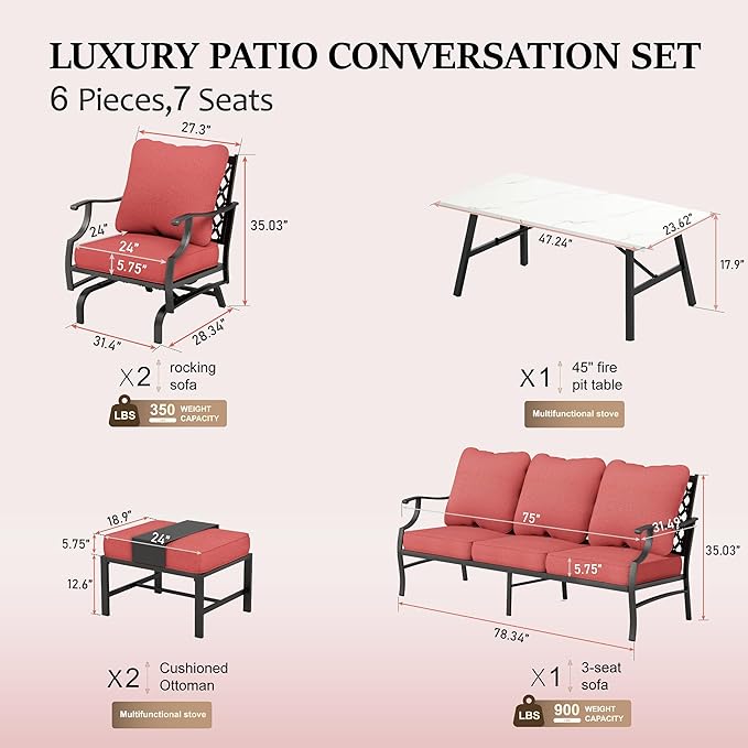 HERA'S HOUSE 6 Piece Patio Furniture Set, 2 x Rocking Cushioned Chair, 2 x Cushioned Ottoman, 1 x 3-Seat Sofa with Marbling Coffee Table, Outdoor Conversation Set for Lawn Garden Backyard, Red