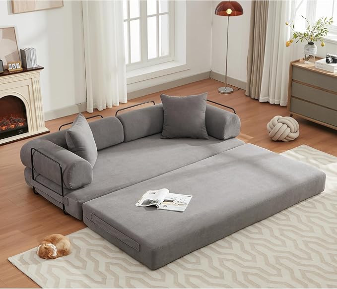 Convertible Sleeper Sofa Bed with Cylindrical Pillow, Corduroy Folding Mattress Couch with Fixed-Shape Frame, Floor Sofa Lounge Couch for Living Room Bedroom Lounge Studio-Grey