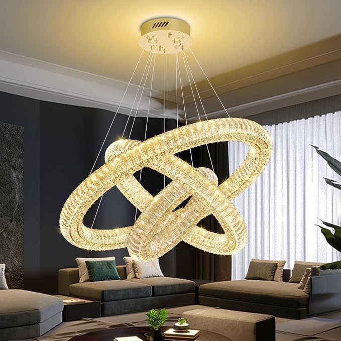 Gold 3 Rings Crystal Chandeliers for Dining Room Foyer High Ceiling 120'' Long Staircase Hanging Pendant Light D16+D24+D32 3000-6000K LED Dimmable