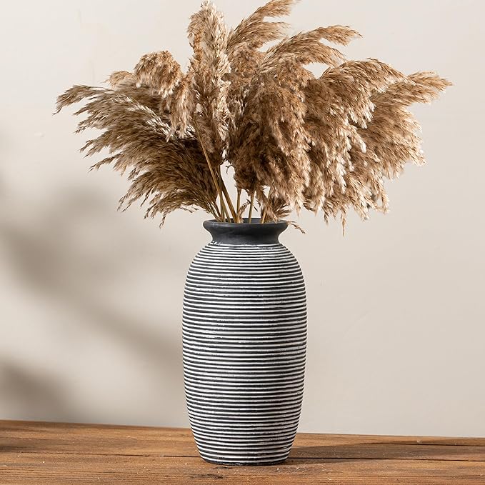 Ceramic Rustic Vase, Large Flower Farmhouse Vases Home Decor, 12.5" Tall Pottery Decorative Pampas Vase for Table Living Room Entryway Mantel Bookshelf Bedroom Bathroom Kitchen-Black