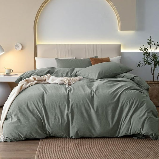 JIYUAN 100% Washed Cotton Duvet Cover Set 3 Pieces Full, 1 Duvet Cover 80x90 Inches(Comforter Not Included) and 2 Pillowcases,Linen Feel Bedding Set Comfy and Breathable, Heathered Green