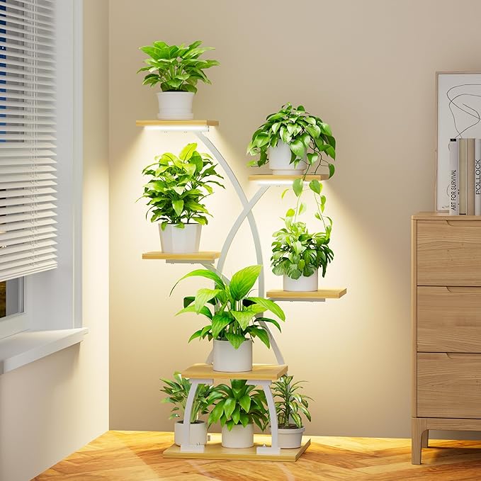 Plant Stand Indoor with Grow Lights - 6 Tiered Plant Shelf Indoor, 36" Corner Plant Stands for Indoor Plants Multiple, Metal Curved Flower Holder Display Rack for Patio, Balcony, Home Decor, White