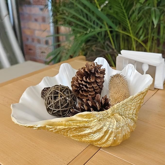 Medium Pearl White Gold Scalloped Clam Shell Bowl Sea Shell Decor for Nautical Beach House,Coastal Decor Gift of Housewarming and Wedding Party