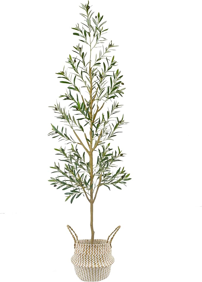 7.8ft (93”) Artificial Olive Tree, Tall Fake Olive Plant with Basket, Indoor Outdoor Faux Olive Silk Tree for Home Livingroom Office Floor Decor (Natural Green Leaves)