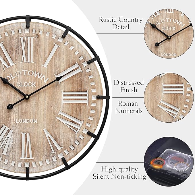 20 Inch Large Farmhouse Wall Clock, Rustic Antique Wood with Metal Circle and Large Engraved Numerals, Silent Battery Operated Wall Clock for Office Kitchen Bedroom Living Room