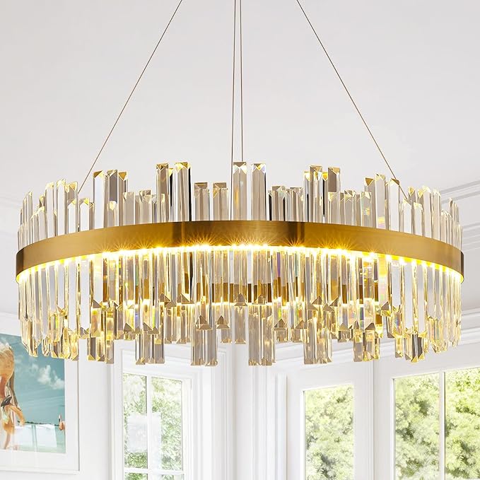 23.6" Dimmable Modern LED Crystal Chandeliers,Gold Chandelier Light Fixture, 3 Colors Contemporary Pendant Ceiling Light for Dining Room Living Room Kitchen Island Entryway Foyer ,With Remote Control