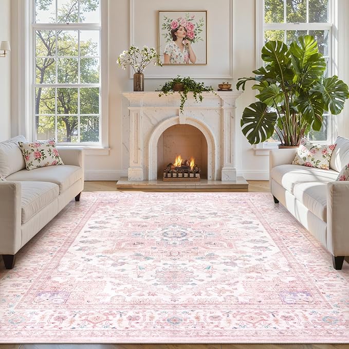 LIVEBOX Pink Washable Area Rug 8x10 - Large Vintage Tribal Living Room Rug Oriental for Bedroom, Non-Slip Retro Medallion Carpet Print Distressed for Dining Room Nursery Dorm Home Decor