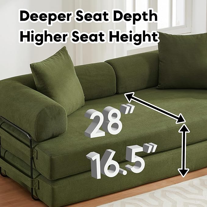 Convertible Sleeper Sofa Bed with Cylindrical Pillow, Corduroy Folding Mattress Couch with Fixed-Shape Frame, Floor Sofa Lounge Couch for Living Room Bedroom Lounge Studio-Green
