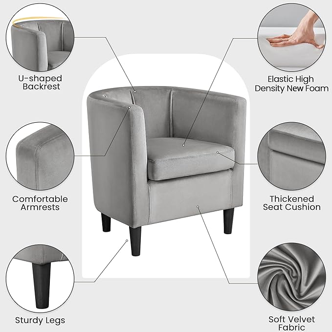 Yaheetech Accent Chair, Modern Velvet Armchairs with Big Ample Seat, Cozy Upholstered Barrel Sofa Chair for Living Room Bedroom Waiting Room, Set of 2, Gray