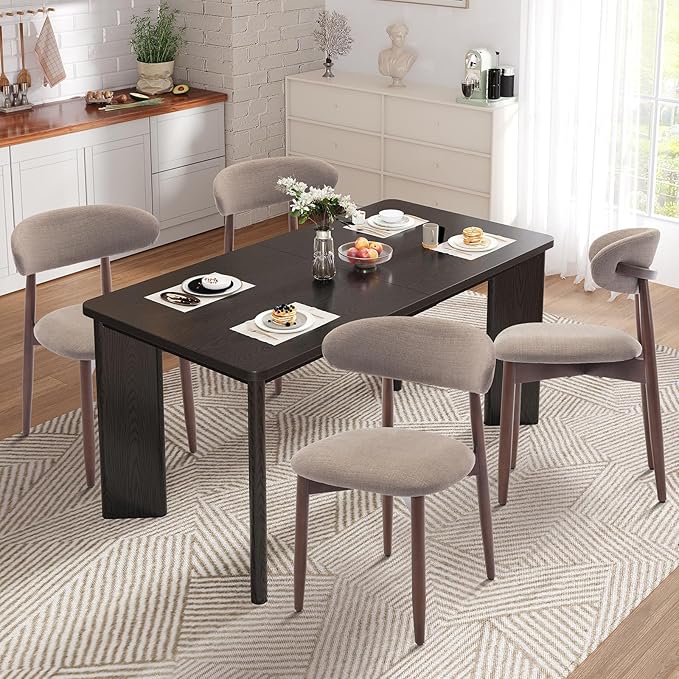 9-Piece Rectangular Dining Table Set for 8, 63" Industrial Kitchen Table with 8 Wooden Upholstered Dinner Chairs for Dining Room, Kitchen, Living Room, Black+Camel