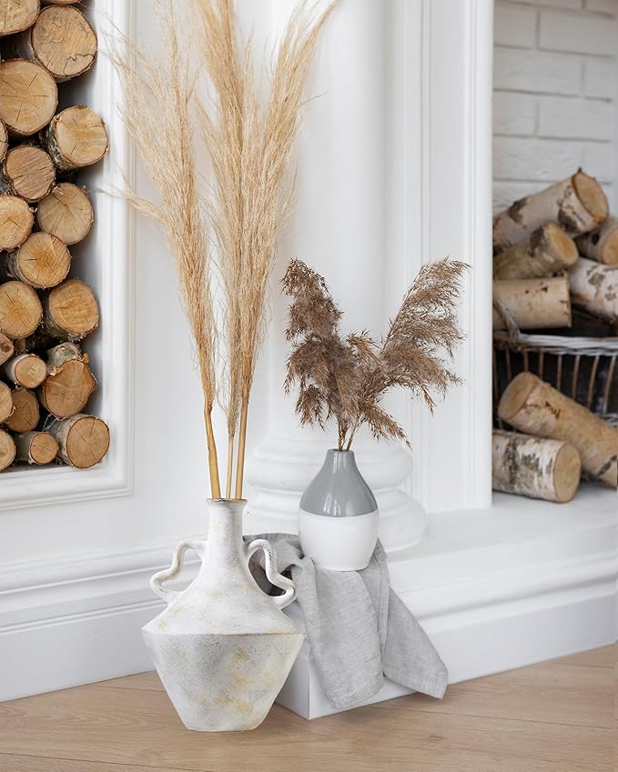 UPWOIGH 14x9.06 in Tall Vintage Handles Ceramic Vase, Antique White Pottery Vase Living Room Table Decor, Beige Speckles Distressed Black Markings Rustic Farmhouse Bedroom Decor, Ideal Gift 1Pack