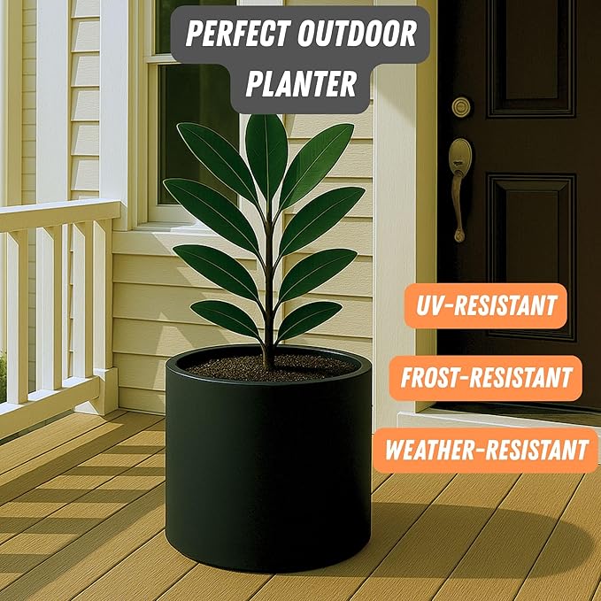 Fox & Fern 14.6 Inch Extra Large Planter — Premium Lightweight Fiberstone Matte Black Plant Pot with Drainage Plug; Big Planter for Indoor & Outdoor Use; Weather Resistant & UV Resistant