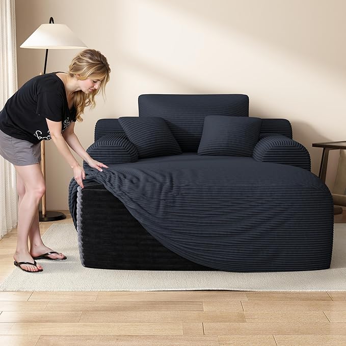 67" Oversized Chaise Lounge Chair with Cover, Comfy Sleeper Sofa Bed, Black Plush Corduory Couch for Living Room,Sofa in A Box,No Assembly Required (Corduroy Blue Cover).