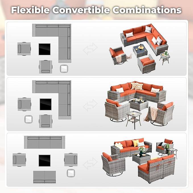 ovios 9 Pieces Patio Furniture Set, Outdoor Wicker Sectional Sofa with 2 Swivel Chairs Coffee Table, Modern Modular Deep Seat Rattan Couch Conversation Sets, Orange Red