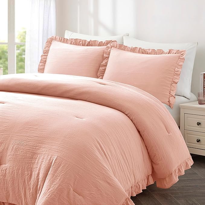 Bonlino Bedding Comforter Set Queen - 3 Pieces Farmhouse Comforter Ruffle Boho Bed Comforter, Fluffy Soft Lightweight Bedding Chic Rustic Country Style for Home Bedroom Dorm (Queen, Blush Pink)
