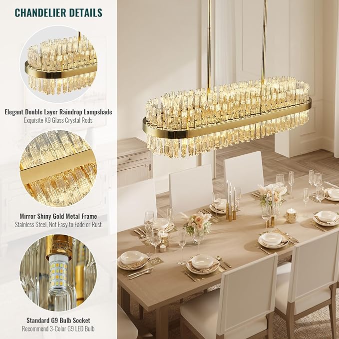 Siljoy Modern Crystal Chandelier 20 Lights Gold Rectangle 2 Tiers Raindrop Chandelier Luxury Adjustable Flush Mount Oval Pendant Ceiling Light Fixture for Dining Living Room Kitchen Island L40 Inch