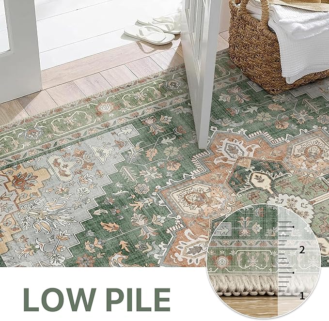 GENIMO 2x5 Runner Rugs for Hallway, Machine Washable Non Slip Vintage Rugs, Low Pile Lightweight Soft Print Rug for enrtyway, Corridor, Home Office, Kitchen, Sage Green