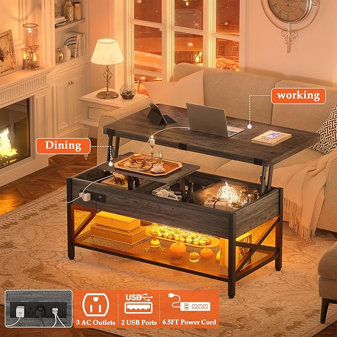 Aheaplus Coffee Table Lift Top Multi-Function Coffee Table Converts to Dining Table, with LED Light and Power Outlet, Center Table with Shelves for Living Room Reception Home Office, Black Oak