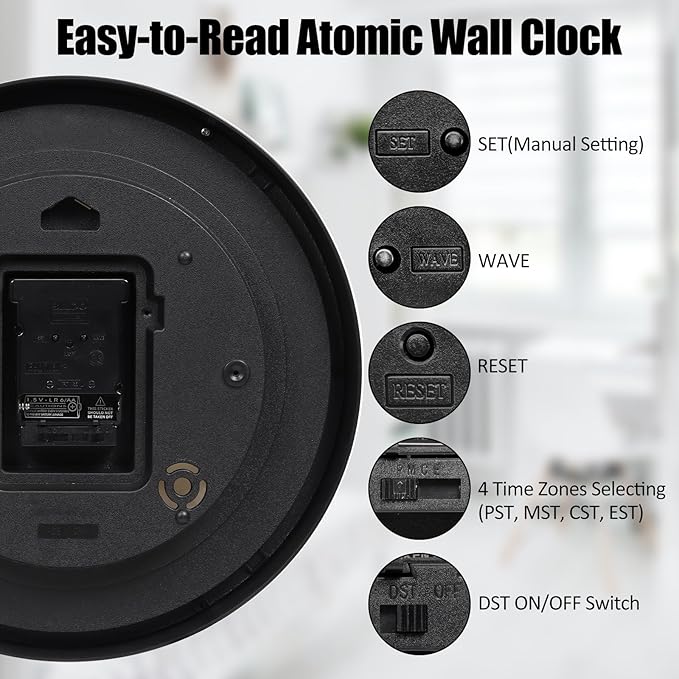 Geevon Atomic Wall Clock, 12" Sets Automatically Wall Clock Battery Operated with AUTO DST, Easy to Read Atomic Analog Clock for Kitchen/Office/Classroom/Living Room(Black)