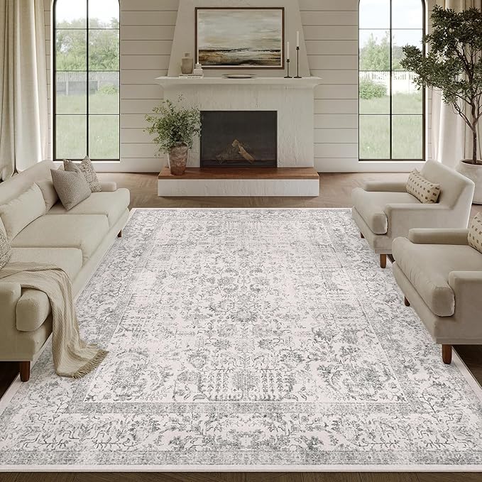 Gray Area Rug 8x10 Machine Washable Large Vintage Living Room Distressed Non Slip Carpet Traditional Indoor Bedroom Grey Retro Floral Accent Throw Rug for Office Kitchen Dining Room
