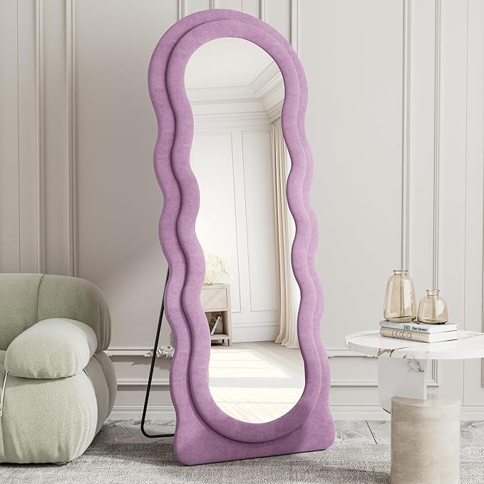 Full Length Mirror, 63"x24" Wavy Floor Mirror, Arched Standing Mirrors Full Length, Cloud Shaped Flannel Wall Mirrors, Dressing Body Mirror Hanging or Leaning Against Wall for Bedroom (Purple)