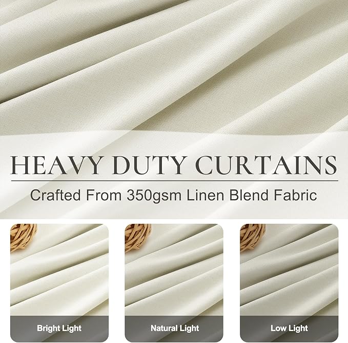 102 Inch Long Curtains, Floor to Ceiling Tall Curtains for Living Room Full Blackout Soundproof Heat Blocking Linen Window Pinch Pleated Drapes 2 Panels Ivory Cream White Room Divider