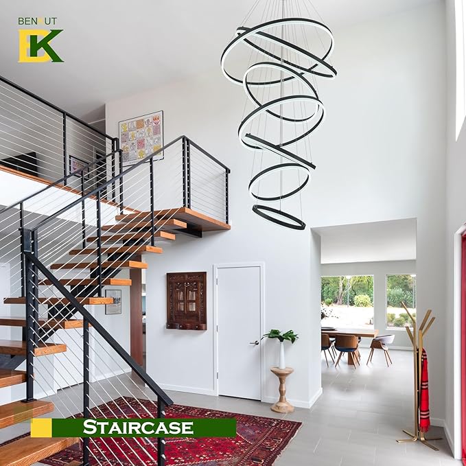 7 Rings Modern LED Chandelier Black Dimmable Large Foyer Chandeliers Entryway High Ceiling for Staircase, High Ceiling Pendant Lights for Entryway Living Room, 3000K-6500K CCT