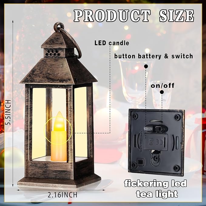 Hoolerry 24 Set Halloween Mini Lanterns with LED Candles 5.5'' Decorative Hanging Small Vintage Lantern Centerpiece Battery Powered for Wedding Table(Rustic)