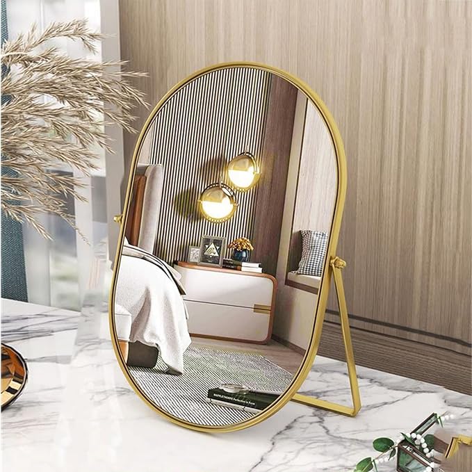 Vanity Desk Table Mirror Oval Makeup Mirror 90°Adjustable Rotation Golden Metal Framed Standing Mirrors Room Decor for Living Room,Bedroom,Tabletop,Bathroom