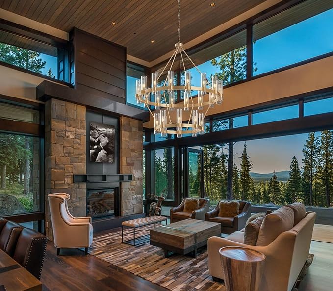 48" Gold Chandelier, 2 Tier Wagon Wheel Chandelier with Glass Shade, 24-Lights Large Round Modern Farmhouse High Ceilings Pendant Lighting Fixture for Dining Room, Living Room, Kitchen, Foyer