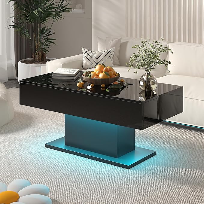 Black Led Coffee Table with 2 Storage Drawers for Living Room, Living Room Table Rectangular Center Table, Modern High Glossy Wooden Coffee Tables with Lights for Dining Reception Room