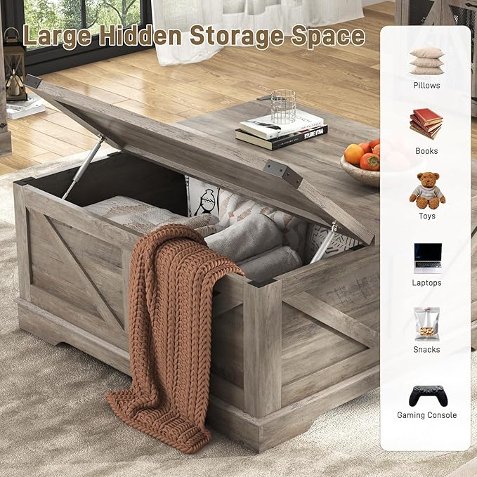 40” Large Farmhouse Lift Top Coffee Table with Power Outlets and Large Hidden Storage, Square Wood Living Room Tables, Multi-Function Lift Wooden Barn Door Center Table, Grey