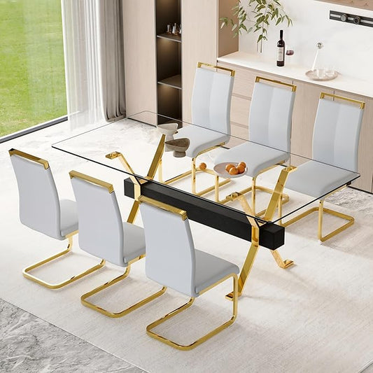 7 Piece Glass Dining Table Set, 79" Modern Dining Table Set for 6, 0.5" Thick Tempered Glass Tabletop with Gold Chrome Metal Legs and Black Crossbar, 6 PU Chairs for Dining Room, Kitchen
