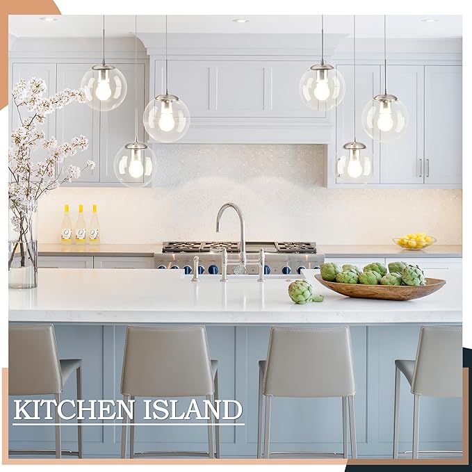 KoKo&Yukina 3-Light Globe Glass Pendant Light Modern Nickel Clear Globe Glass Chandelier Adjustable Length Pendant Lights Fixtures High Ceiling Light for Kitchen Island Foyer (Bulb & Remote Incl.)