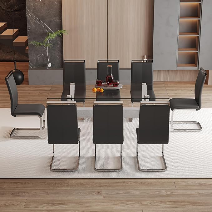 9 Piece Glass Dining Table Set, Kitchen Table Chairs Set for 8, 71'' Dining Table with 0.4" Tempered Glass Tabletop with Plated Metal Legs and MDF Crossbar, 8 PU Chairs for Dining Room, Kitchen.